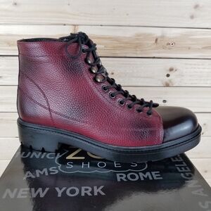 Men's Boots 10M 100% Genuine Leather Burgundy Biker Paul Branco Side Zip Lace-up